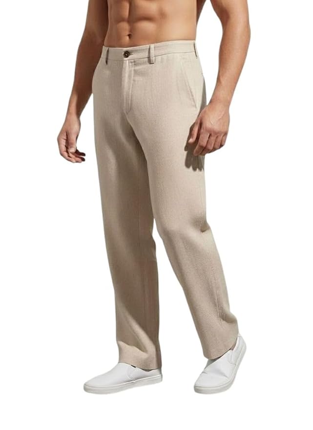 Men's Linen Blend Straight Fit Trousers | Elastic Waist Casual Chinos for Office & Summer Wear