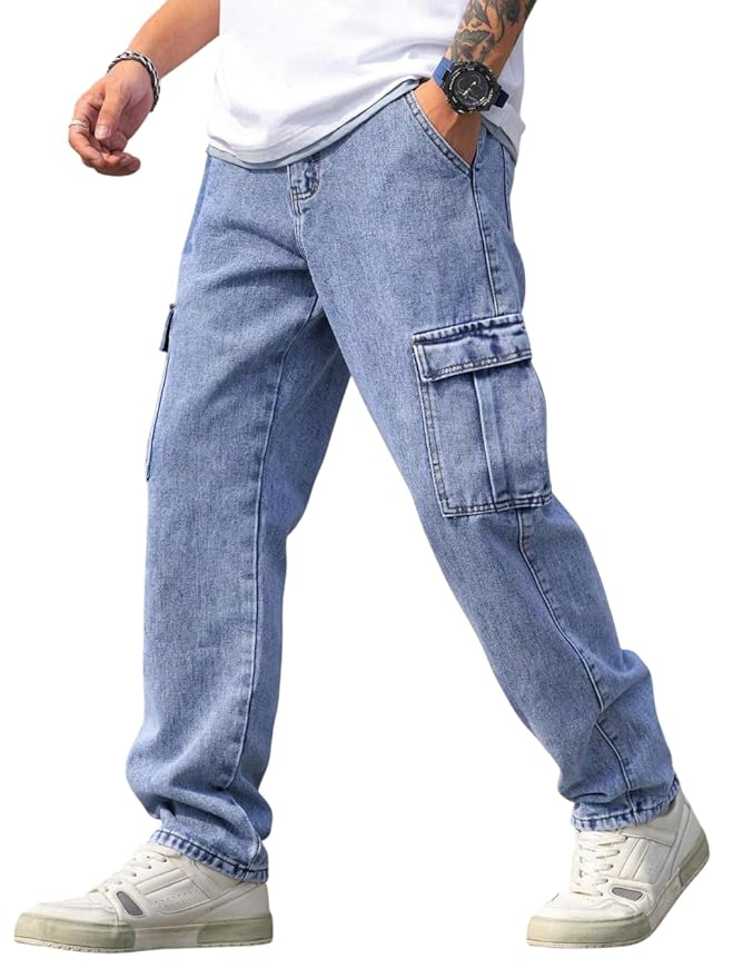 Men's Loose Fit Multi-Pocket Denim Cargo Jeans | Tapered Cotton Blend Casual Jeans