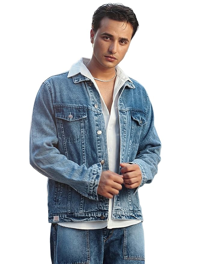 Men's Light Blue Washed Denim Jacket | Regular Fit Full Sleeve Cotton Button-Up Casual Jacket