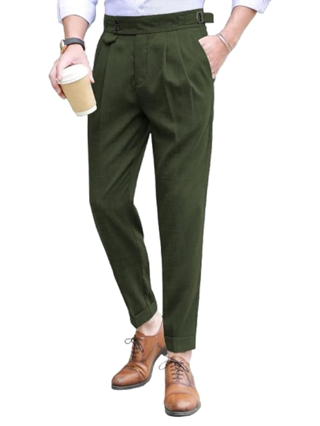 Men's Premium Cotton Stretch Casual Trousers | Pleated Front Dual-Button Tapered Fit Pants