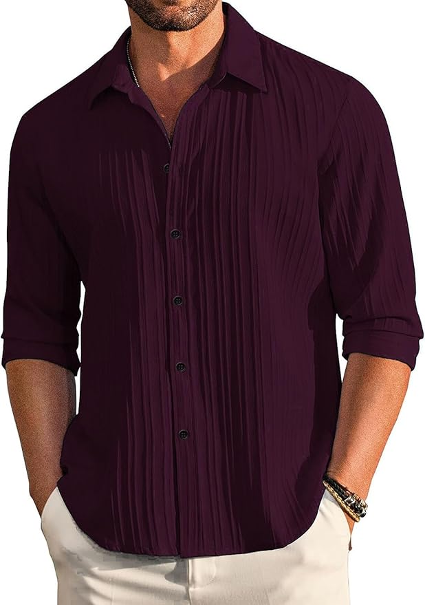 Men's Textured Linen Blend Casual Shirt | Long Sleeve Button-Down Summer Beach Shirt
