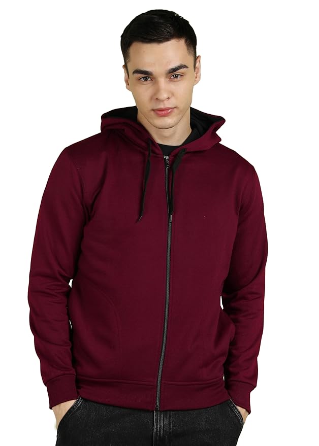 Men's Solid Zip-Up Hooded Sweatshirt | Cotton Blend Full Sleeve Hoodie with Side Pockets