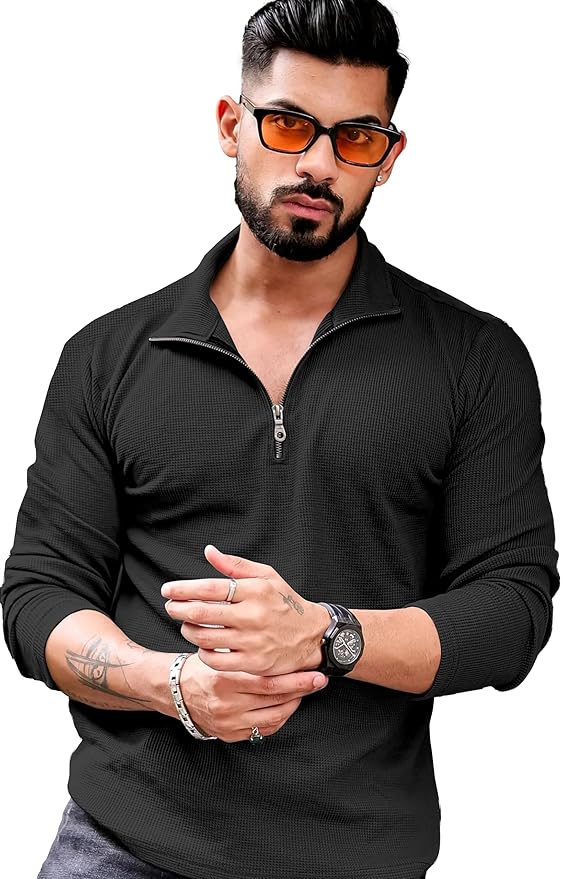 Men's Premium Quarter-Zip Waffle Knit Polo T-Shirt | Full Sleeve Regular Fit Textured Casual T-Shirt with Collar